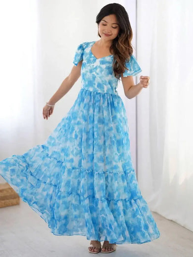 Charming Sky Blue Printed Georgette Casual Wear Dress